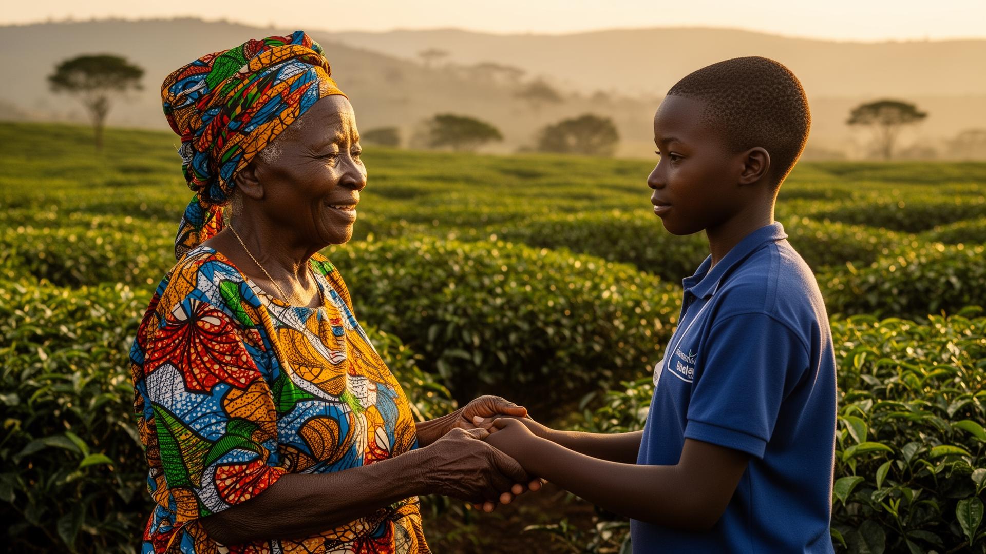A grandmother and a young volunteer in Kenyan tea fields