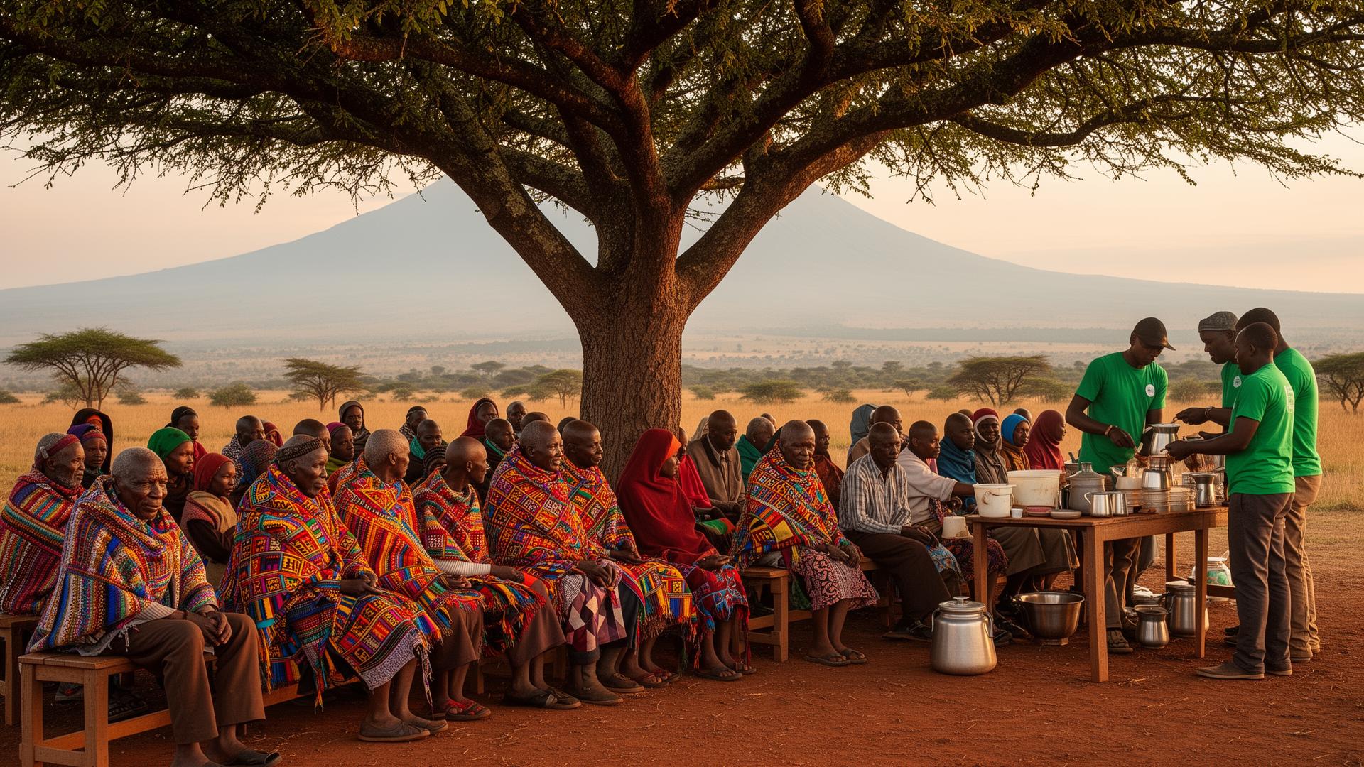 Community gathering under a tree with Mount Kenya in the distance