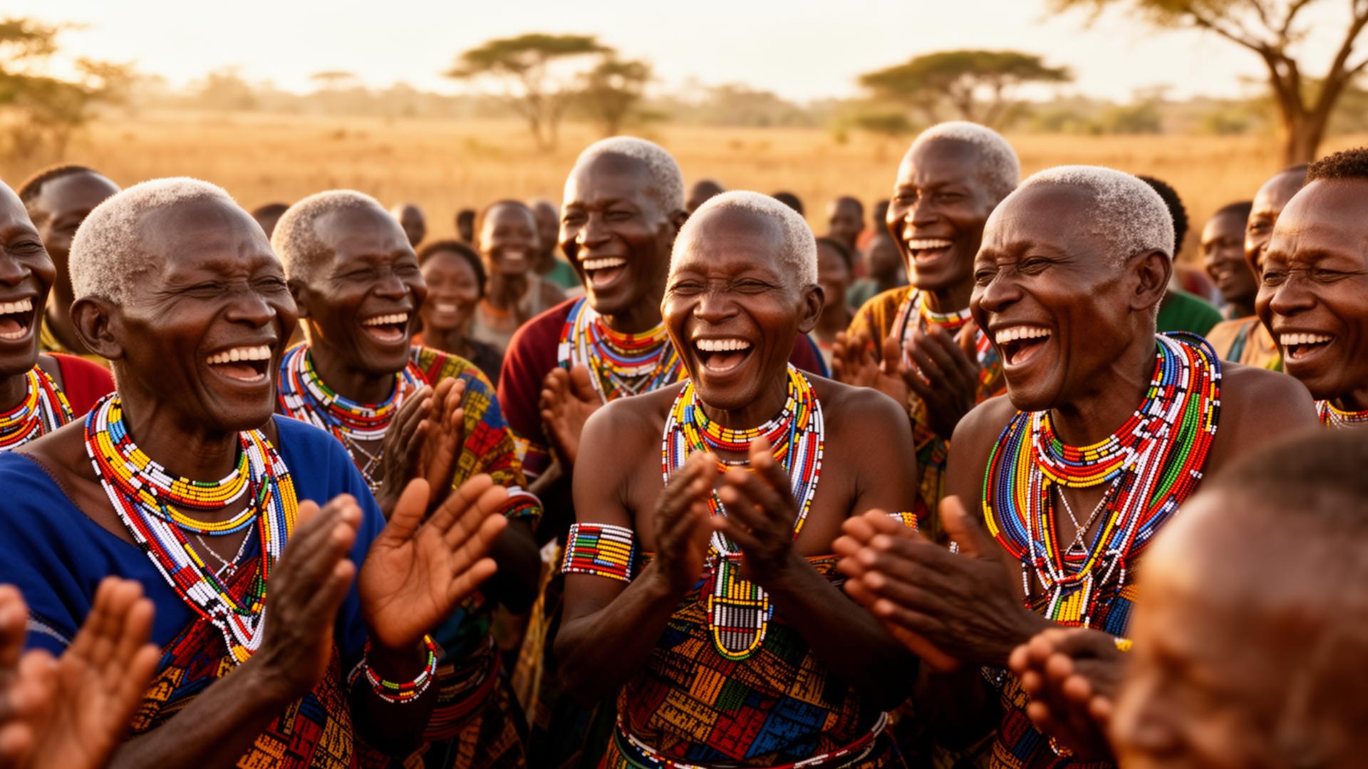 Elders laughing and clapping during a Kenyan community song