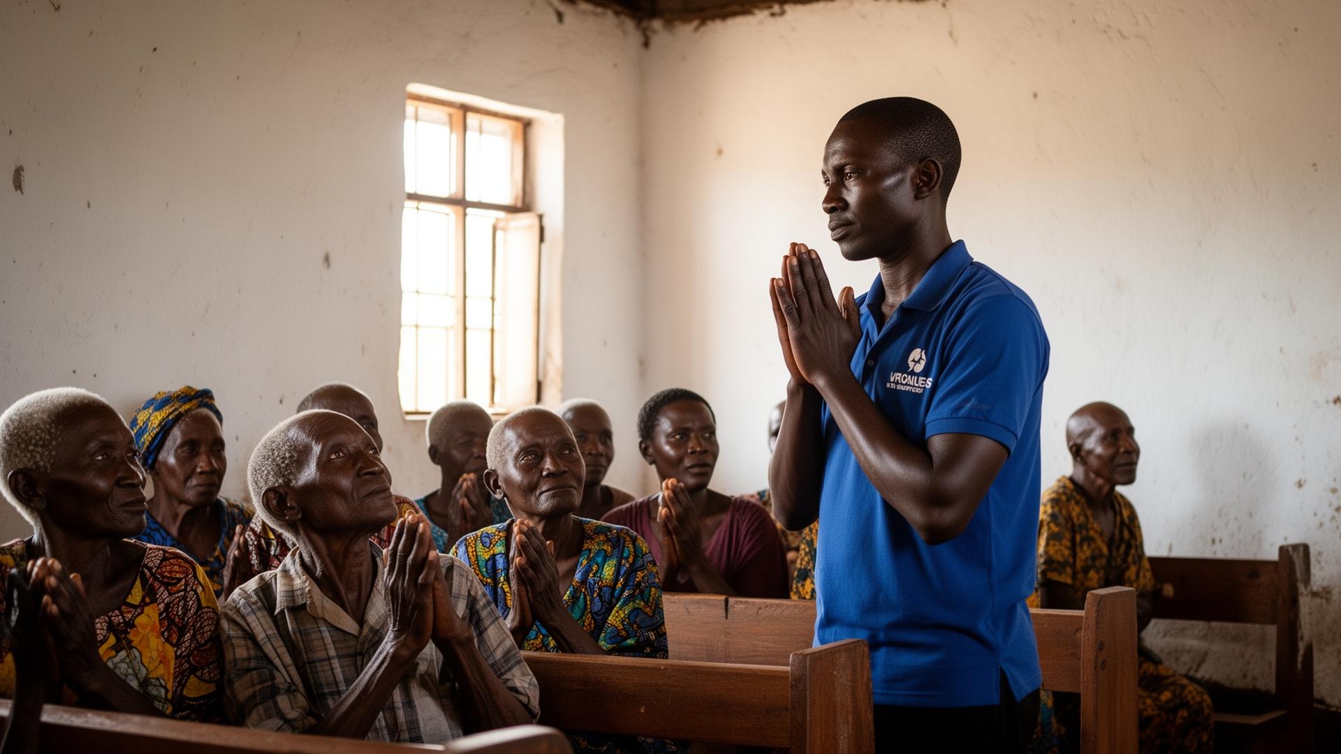 Prayer with elderly community members in a rural Kenyan church