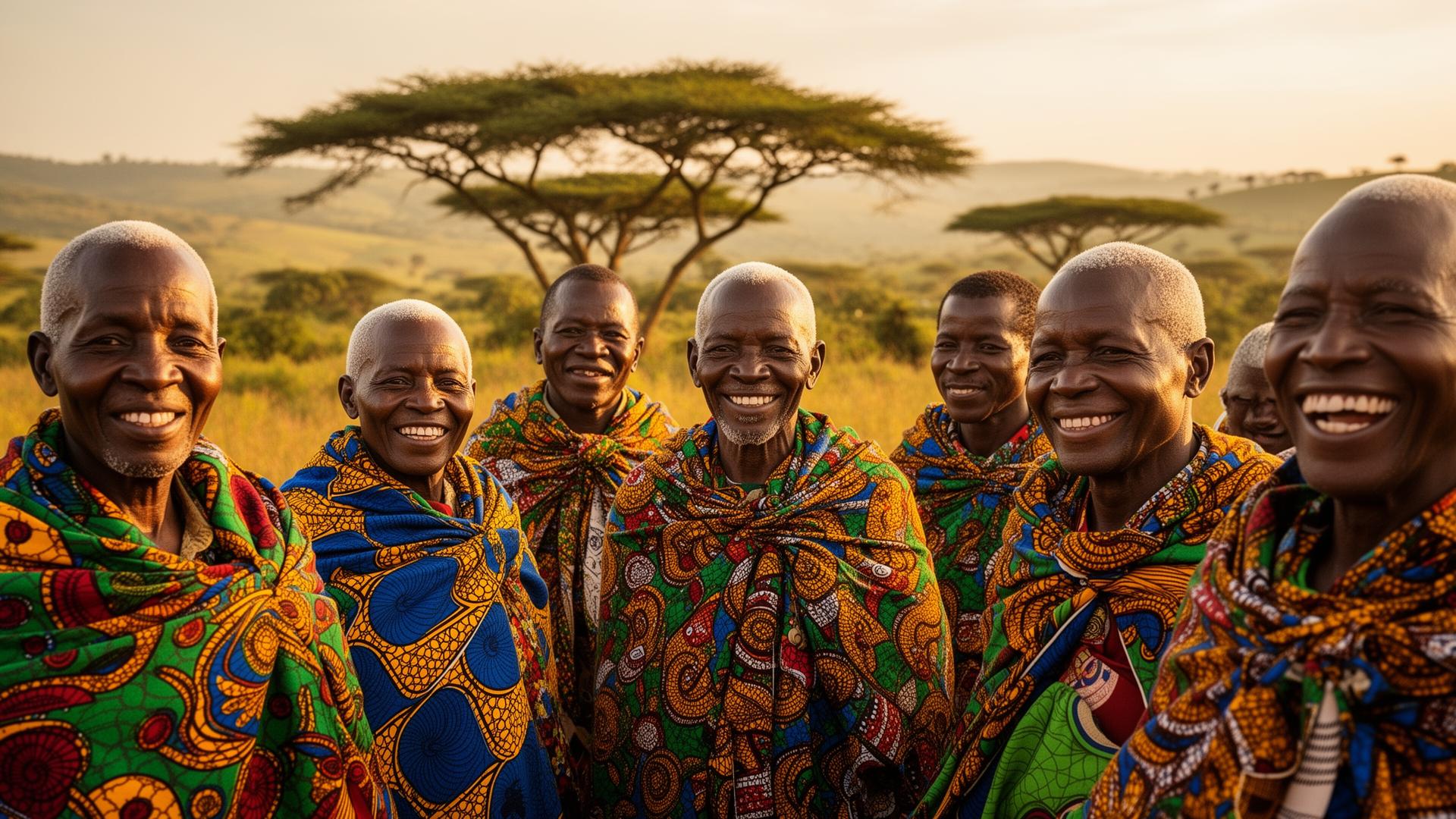 Kenyan elders gathered in the highlands at golden hour